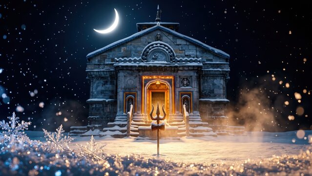 Kedarnath Temple Snowfall Night &mdash; Sacred Winter Glow