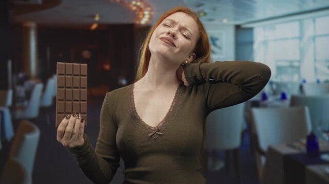Woman holding chocolate bar, hand on neck wincing with closed eyes in restaurant; temptation discomfort.