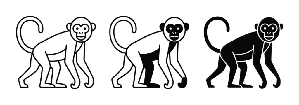 three black and white vector illustrations of monkeys in different poses on plain background