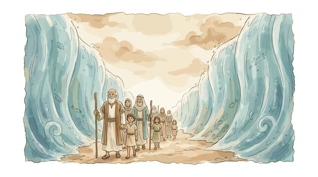 Children and elders walking between towering walls of water in the great Passover escape miracle, soft watercolor vector