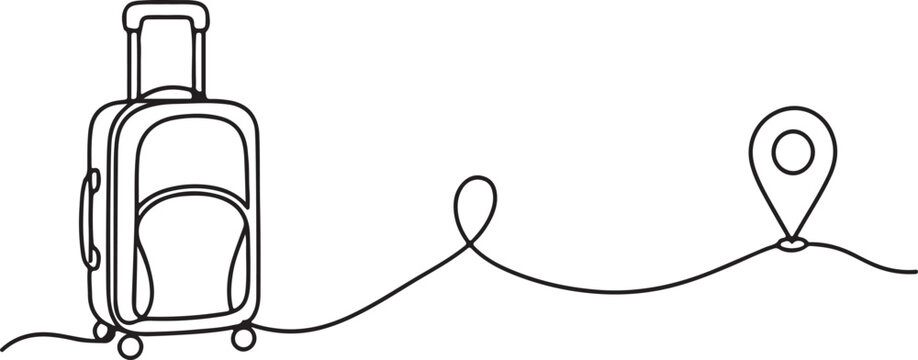 A minimalist line drawing of a suitcase with a location pin connected by a wavy line for travel and adventure concepts  symbolizing journey and exploration