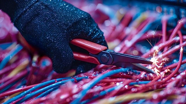 Hand in glove cutting network cable creating sparks