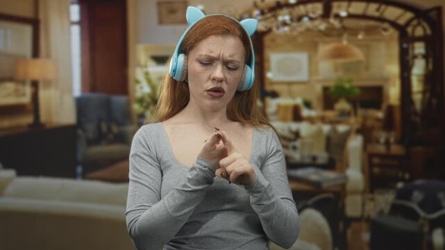 Woman wearing blue headphones pointing her fingers while mouthing lyrics in an ornate furniture showroom building; concentration listening.