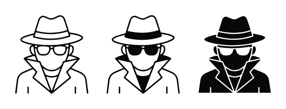 set of vector monochrome icons featuring men in detective hats with different facial expressions