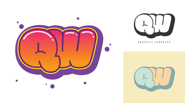 QW logo design for festival or party. Initial letter q and w in graffiti style. Creative modern lettering company name of font typography. Kids trendy logotype or identity.
