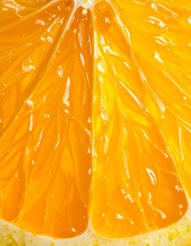 Close up macro shot of a vibrant orange citrus fruit slice with glistening pulp and segments natural juicy texture and bright lighting