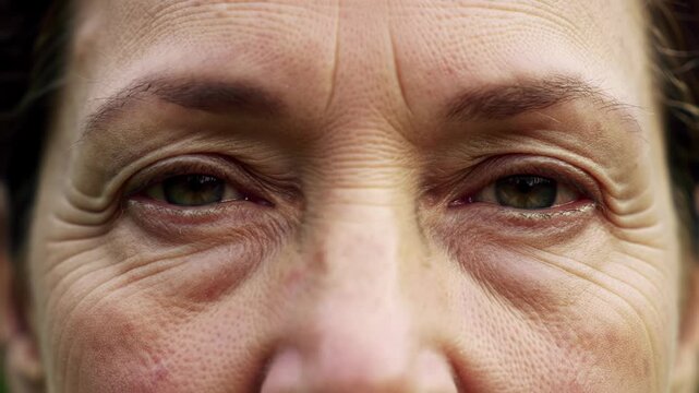 An extreme close-up of a human face, forehead, and skin around dark unblinking eyes, showing fine lines and wrinkles emerging over a blurred background. Progression of aging