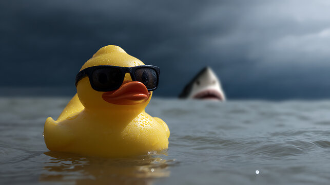Rubber duck with sunglasses floats calmly in water, unaware of the large fish predator lurking behind under a dramatic, cloudy sky