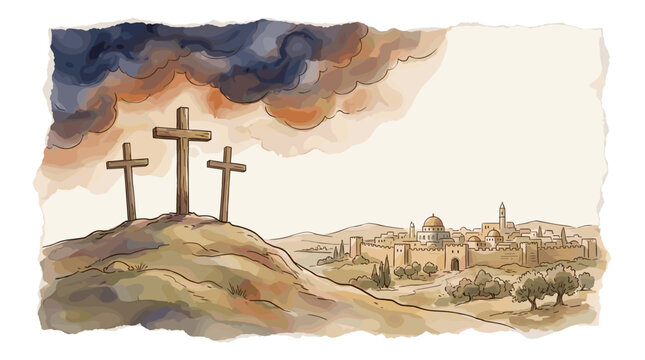 Hilltop crosses beneath darkened skies outside Jerusalem at the climax of the biblical Passover week, soft watercolor vector
