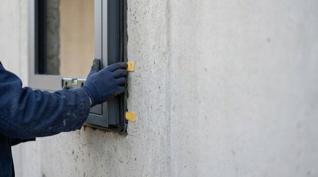 Window installer using level tool to align black frame in concrete wall. Construction worker adjusting modern window during home building