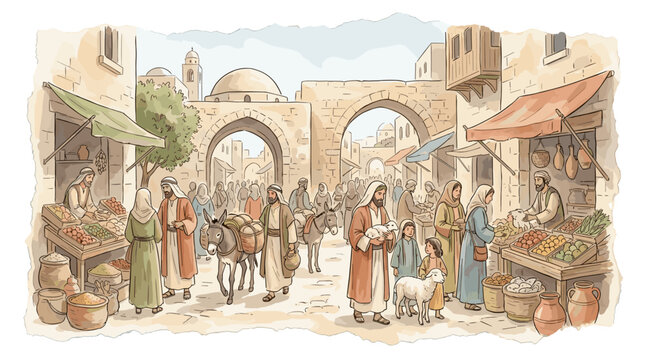 Jerusalem streets filling with travelers and market life as families prepare for the biblical Passover feast, soft watercolor