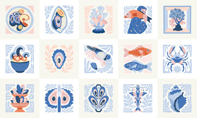 Fototapeta premium Coastal seafood illustration collection in minimal Matisse style with marine elements