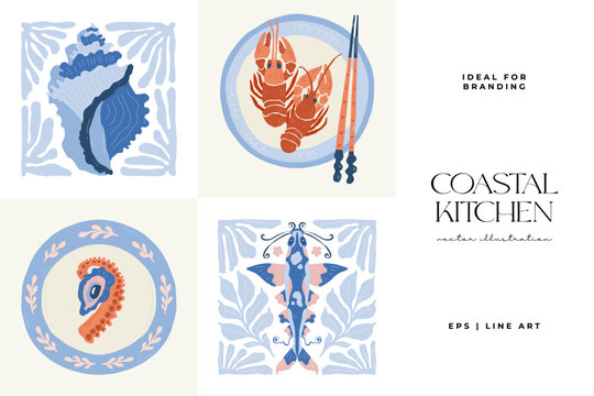 Coastal seafood illustration collection in minimal Matisse style with marine elements