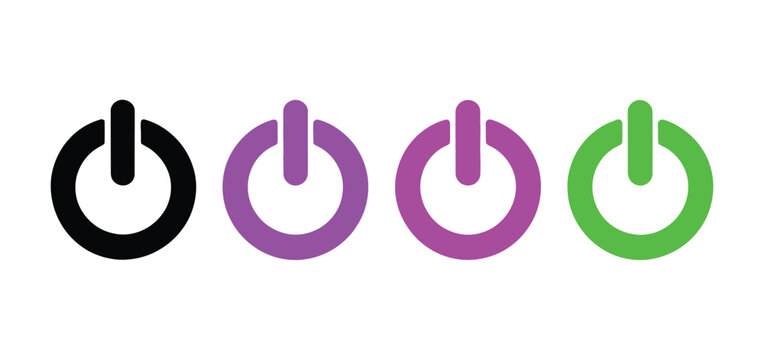 Set of power button icons in black purple and green colors
