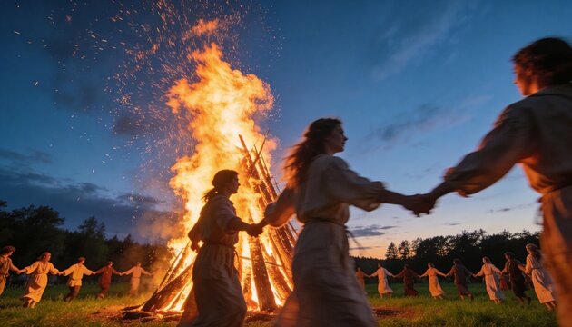 Group of woman and man dancing in circle around large bonfire during pagan ritual. People in linen cloth holding hand at night. Ancient tradition, solstice celebration, spiritual practice.