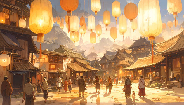 Lanterns illuminate traditional asian village street scene amidst mountains