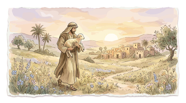 Shepherd carrying a spotless lamb across spring pasture toward a small settlement at sunrise in the Passover season, soft
