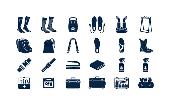Ski boot accessories like socks heaters bags dryers and maintenance items for winter sports footwear clean solid filled icon set