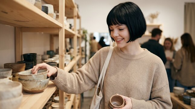 A woman smiles while touching handmade pottery, her joy reflecting a soulful connection to craftsmanship and the tactile beauty of finding art in everyday, grounded moments.