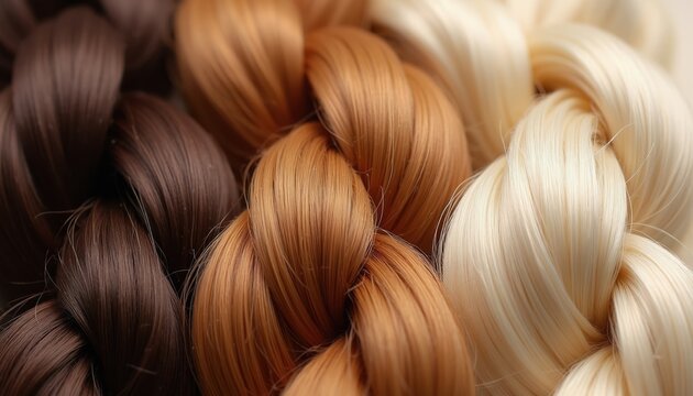 Close up of braided hair strands in dark brown, auburn, and blonde tones. Professional hair color samples show wavy texture and shine, showing salon shade options.