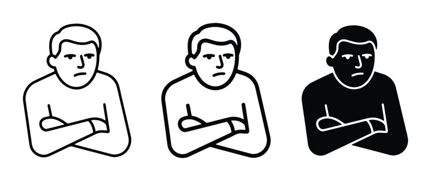 Vector Icons of a Man with Arms Crossed, Expressing Frustration, Anger, or Stubbornness, Minimalist Style