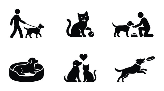 minimalist black and white pet icon set vector illustration