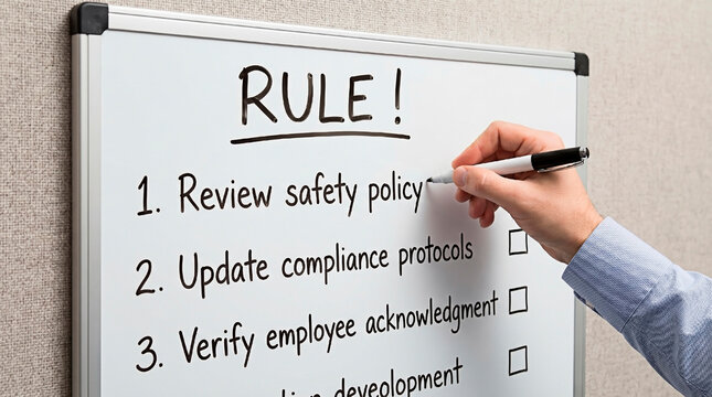 A hand writing rules on the whiteboard for workplace safety concept.