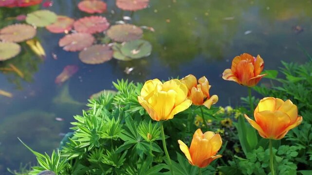 Vibrant orange tulips bloom beside a serene pond with lily pads, showcasing the beauty of nature in a tranquil garden setting during springtime