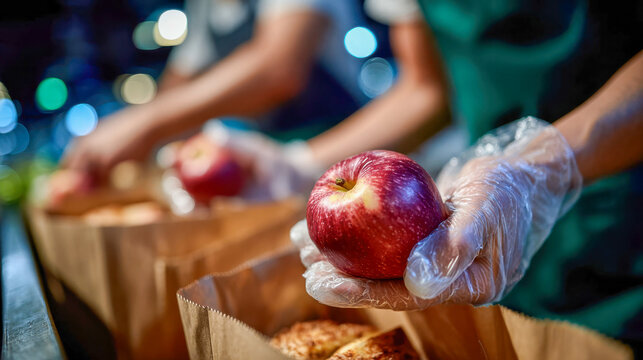 Volunteer hand in glove holding a red apple while packing food bags for community donation program