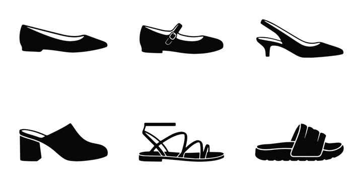 Collection of Six Black Shoe Silhouettes: Flats, Mary Janes, Slingbacks, Mules, Strappy Sandals, and Slides, Vector Graphics for Fashion Design and E-commerce