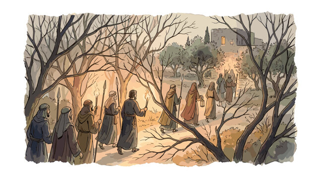Torchlight moving through dark branches as armed men enter the garden after the Passover meal, soft watercolor vector illustration