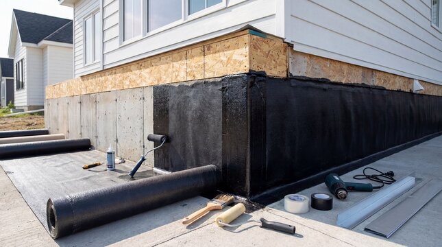 Basement waterproofing construction and foundation exterior wall insulation materials with tools laid out on concrete surface