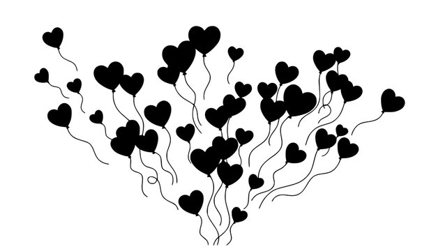 Floating black heart balloons scattered upward romantic love cluster vector illustration