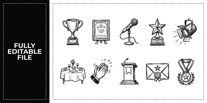 Set of achievement awards trophy cup and celebration event icons frontal isolated png on a transparent background perfectly cutout high resolution