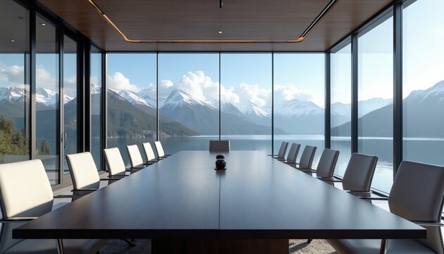 Large meeting table with chairs in modern conference room. Panoramic windows show snowy mountains, calm water. Bright room offers business workspace with elegant design, natural light. Pro office.