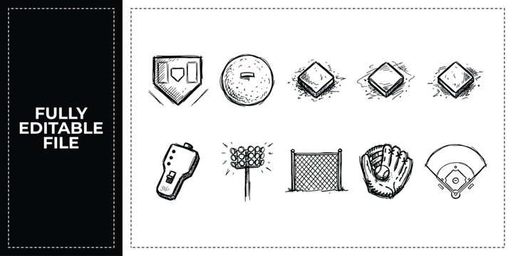 Set of baseball equipment team game and sports competition icons frontal isolated png on a transparent background perfectly cutout high resolution