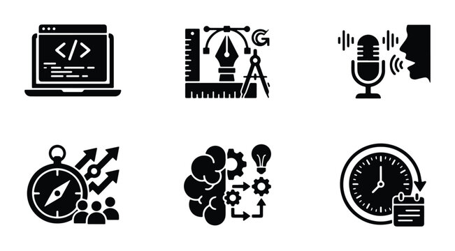 Modern business technology icons set, black solid vector symbols for web development and creative design, professional productivity and strategy graphics