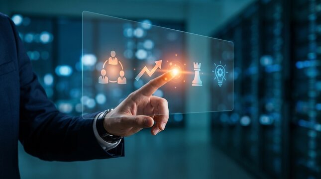 Business professional implementing change management strategy through digital interface, organizational transformation planning, workforce transition and leadership adaptation concept 
