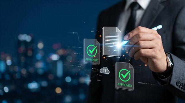 Businessman using digital pen to approve virtual document icons with green check marks, representing online document verification, digital signature, data approval workflow, electronic documentation