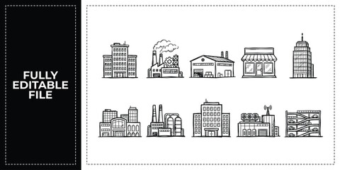 Fototapeta premium Set of real estate buildings city architecture and construction icons frontal isolated png on a transparent background perfectly cutout high resolution