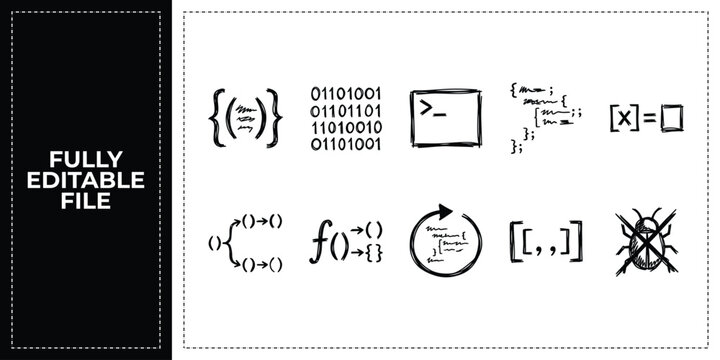 Set of computer coding programming and software development icons frontal isolated png on a transparent background perfectly cutout high resolution