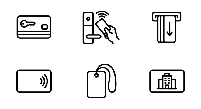Access Control Icons: Key Card, Smart Lock, ATM, ID Badge, Hotel Access Vector Set