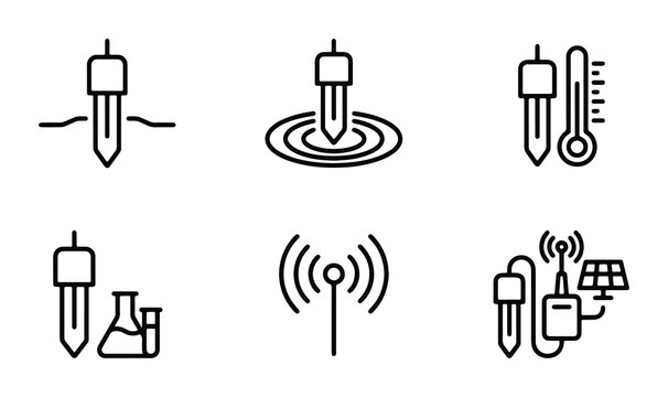 Smart agriculture sensor icons, soil moisture probe and environmental monitoring vector set, 6 black line icons for precision farming and agritech