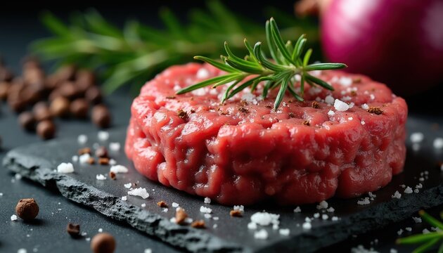 Raw ground beef patty seasoned with salt and spices. Fresh meat sits on slate board with rosemary and peppercorns, ready for cooking burgers.