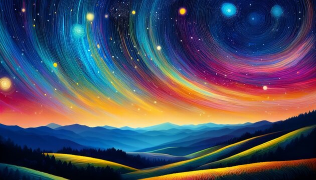 vibrant night sky landscape with swirling celestial bodies and colorful hills artistic impression