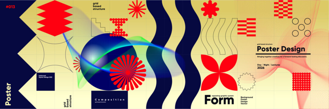 Abstract geometric poster design featuring bold colors and dynamic shapes. The composition includes grid-based structures and repeating graphic elements for a modern aesthetic.
