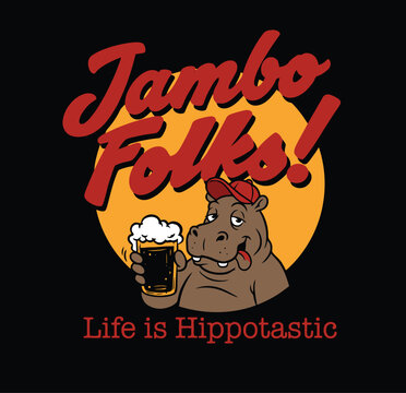 Cartoon Hippo Character Holding Beer Mug with Jambo Folks Text