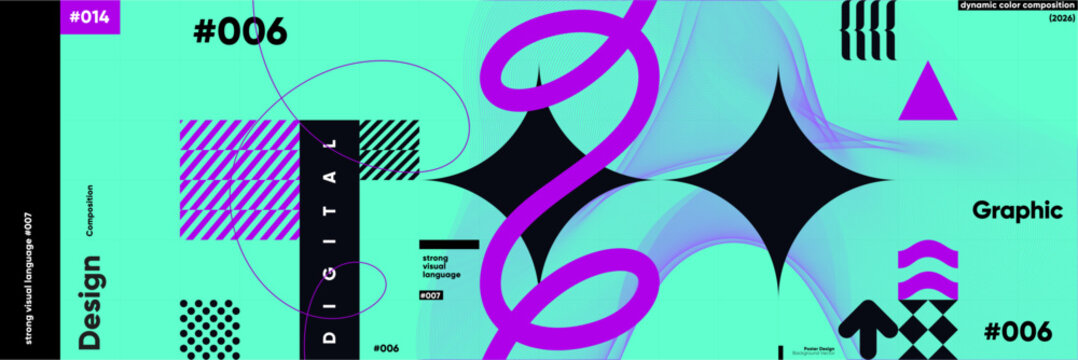 Abstract digital design featuring bold geometric shapes and vibrant colors. The composition includes dynamic patterns and text elements, creating a modern visual language.