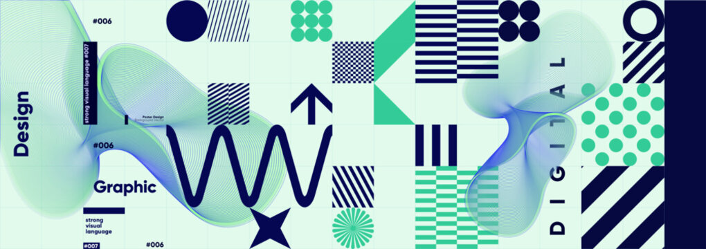 Abstract geometric design featuring bold lines, shapes, and patterns in blue and green tones. The composition includes text elements and dynamic waveforms, creating a modern aesthetic.