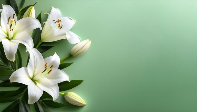 white lily flowers on pale green background floral wedding card celebration invitation farewell or grieving greeting card condolence or loss support ai generated